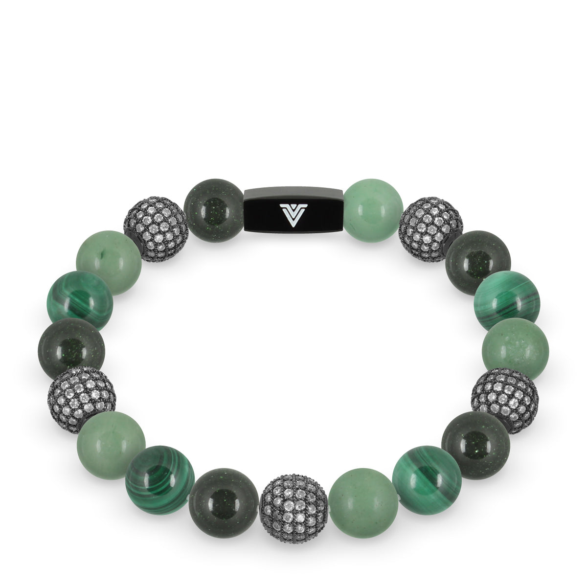 Front view of a 10 mm Green Sirius beaded stretch bracelet featuring Green Goldstone, Steel Pave, Green Aventurine, & Malachite crystal and black stainless steel logo bead made by Voltlin