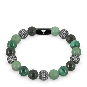 Front view of a 10 mm Green Sirius beaded stretch bracelet featuring Green Goldstone, Steel Pave, Green Aventurine, & Malachite crystal and black stainless steel logo bead made by Voltlin