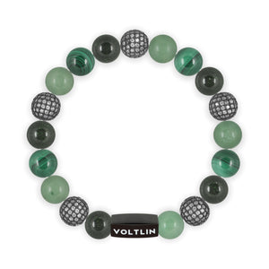 Top view of a 10 mm Green Sirius beaded stretch bracelet featuring Green Goldstone, Steel Pave, Green Aventurine, & Malachite crystal and black stainless steel logo bead made by Voltlin