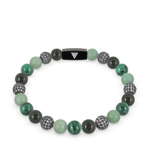 Front view of an 8mm Green Sirius beaded stretch bracelet featuring Green Goldstone, Steel Pave, Green Aventurine, & Malachite crystal and black stainless steel logo bead made by Voltlin