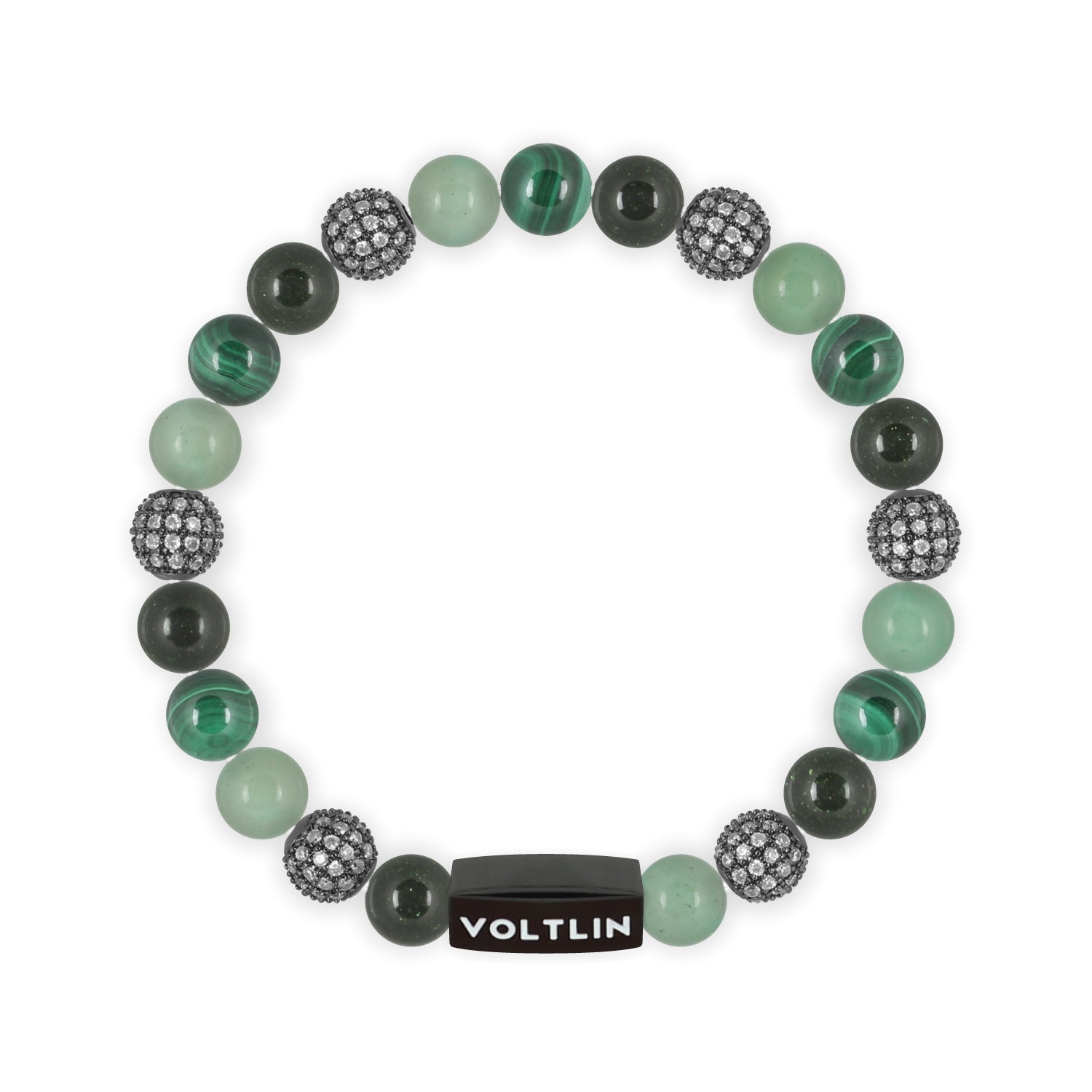 Front view of an 8mm Green Sirius beaded stretch bracelet featuring Green Goldstone, Steel Pave, Green Aventurine, & Malachite crystal and black stainless steel logo bead made by Voltlin