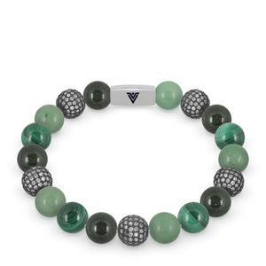 Front view of a 10mm Green Sirius beaded stretch bracelet featuring Green Goldstone, Steel Pave, Green Aventurine, & Malachite crystal and silver stainless steel logo bead made by Voltlin