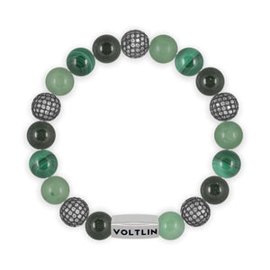 Top view of a 10mm Green Sirius beaded stretch bracelet featuring Green Goldstone, Steel Pave, Green Aventurine, & Malachite crystal and silver stainless steel logo bead made by Voltlin