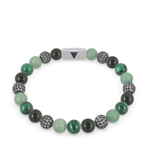 Front view of an 8mm Green Sirius beaded stretch bracelet featuring Green Goldstone, Steel Pave, Green Aventurine, & Malachite crystal and silver stainless steel logo bead made by Voltlin