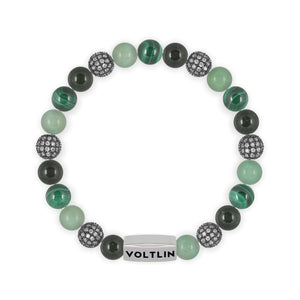 Top view of an 8mm Green Sirius beaded stretch bracelet featuring Green Goldstone, Steel Pave, Green Aventurine, & Malachite crystal and silver stainless steel logo bead made by Voltlin