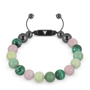 Front view of a 10mm Heart Chakra crystal beaded shamballa bracelet with black stainless steel logo bead made by Voltlin