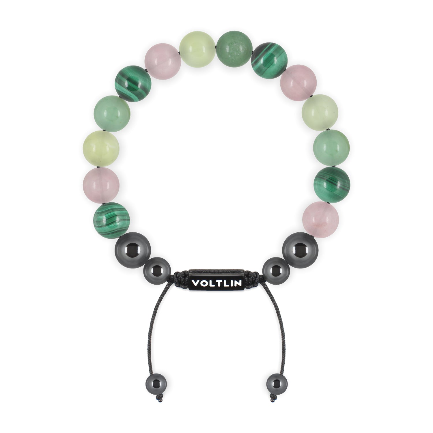 Top view of a 10mm Heart Chakra crystal beaded shamballa bracelet with black stainless steel logo bead made by Voltlin