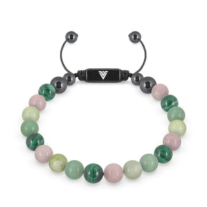 Front view of an 8mm Heart Chakra crystal beaded shamballa bracelet with black stainless steel logo bead made by Voltlin