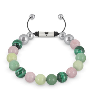 Front view of a 10mm Heart Chakra beaded shamballa bracelet featuring Malachite, Rose Quartz, Jade, & Green Aventurine crystal and silver stainless steel logo bead made by Voltlin