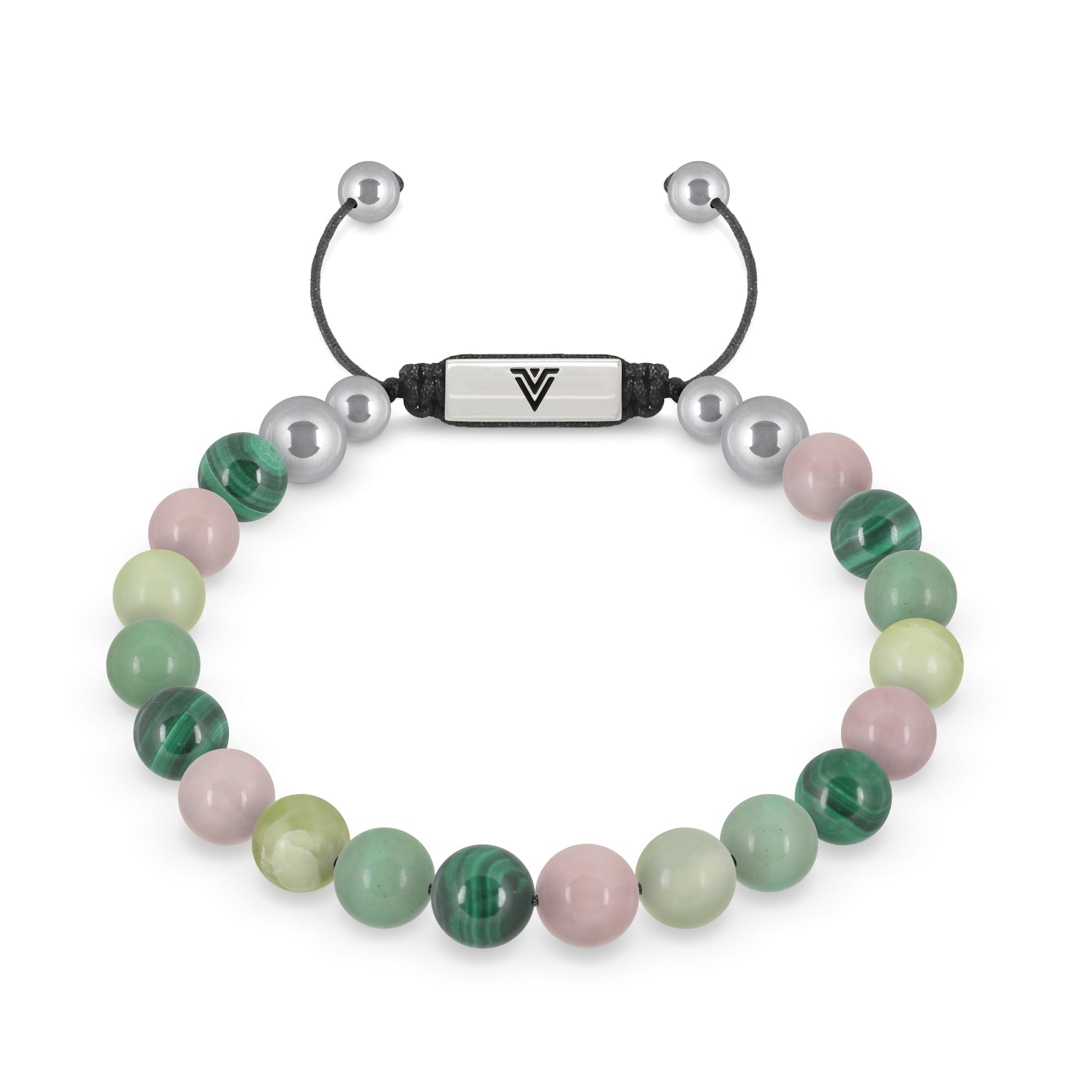 Front view of an 8mm Heart Chakra beaded shamballa bracelet featuring Malachite, Rose Quartz, Jade, & Green Aventurine crystal and silver stainless steel logo bead made by Voltlin
