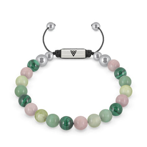Front view of an 8mm Heart Chakra beaded shamballa bracelet featuring Malachite, Rose Quartz, Jade, & Green Aventurine crystal and silver stainless steel logo bead made by Voltlin
