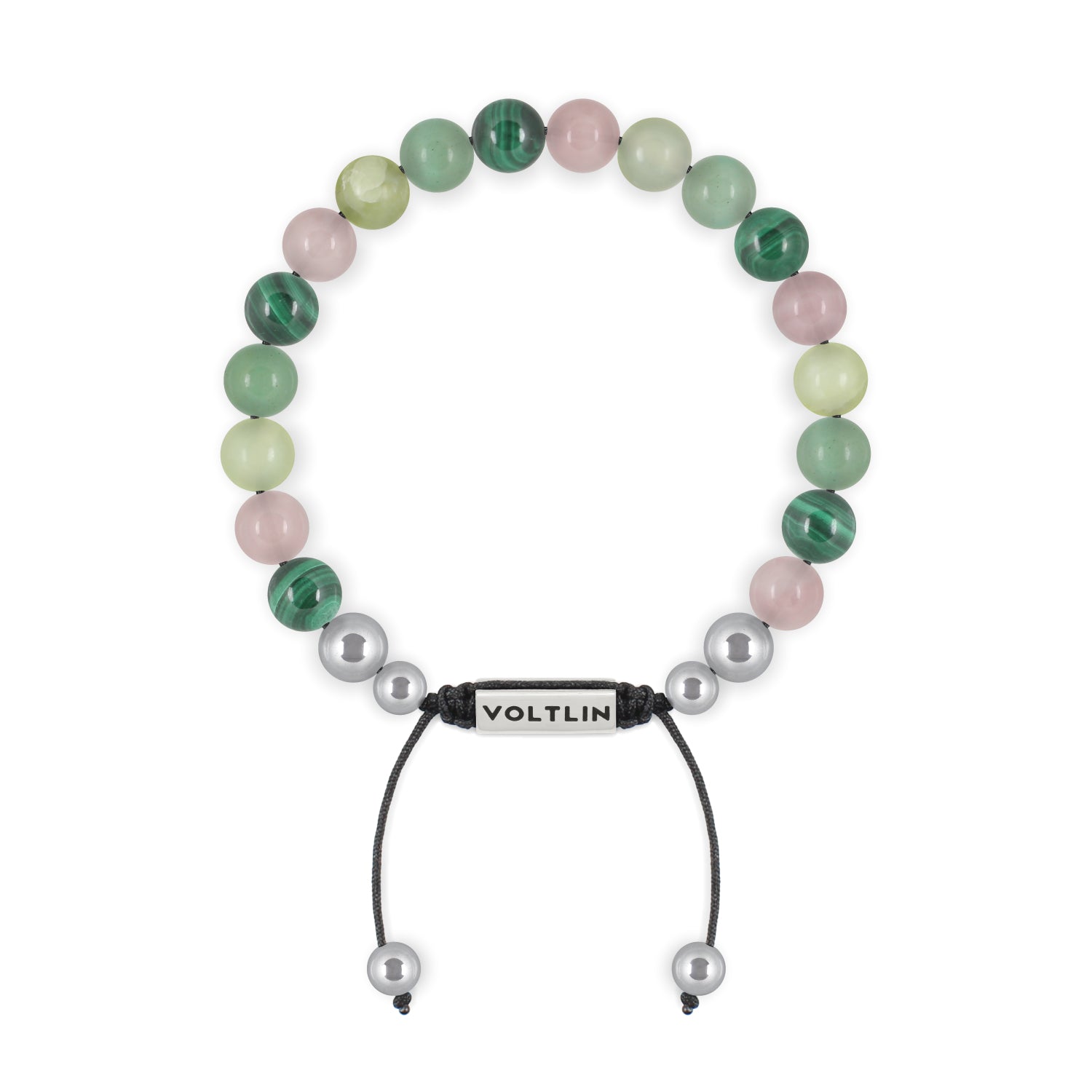 Front view of an 8mm Heart Chakra beaded shamballa bracelet featuring Malachite, Rose Quartz, Jade, & Green Aventurine crystal and silver stainless steel logo bead made by Voltlin