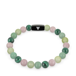 Front view of an 8mm Heart Chakra crystal beaded stretch bracelet with black stainless steel logo bead made by Voltlin