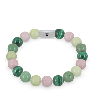 Front view of a 10mm Heart Chakra beaded stretch bracelet featuring Malachite, Rose Quartz, Jade, & Green Aventurine crystal and silver stainless steel logo bead made by Voltlin