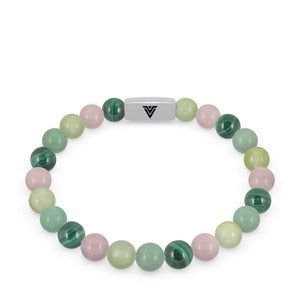 Front view of an 8mm Heart Chakra beaded stretch bracelet featuring Malachite, Rose Quartz, Jade, & Green Aventurine crystal and silver stainless steel logo bead made by Voltlin