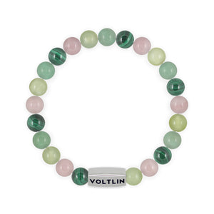 Top view of an 8mm Heart Chakra beaded stretch bracelet featuring Malachite, Rose Quartz, Jade, & Green Aventurine crystal and silver stainless steel logo bead made by Voltlin