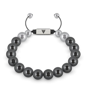 Front view of a 10mm Hematite beaded shamballa bracelet with silver stainless steel logo bead made by Voltlin