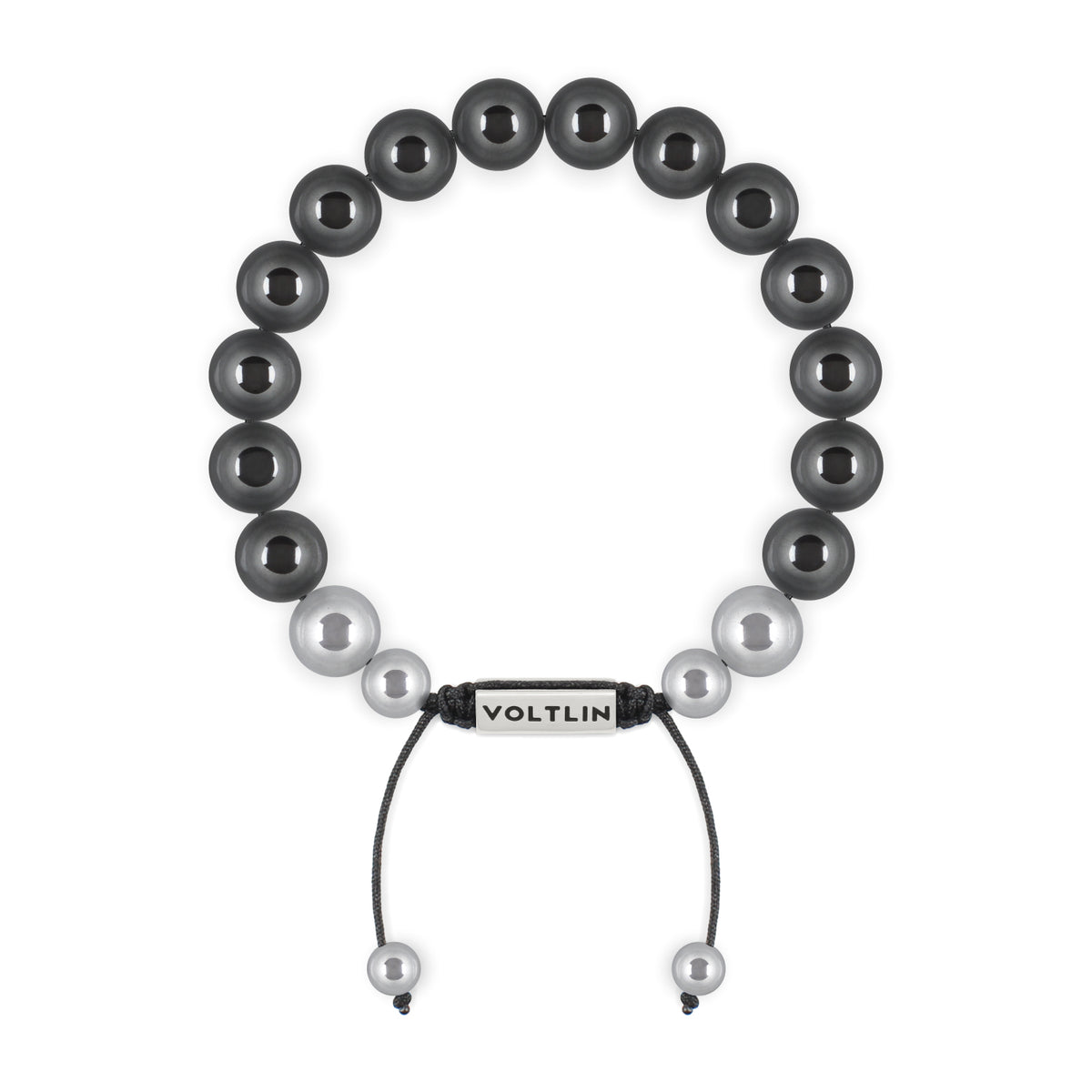 Top view of a 10mm Hematite beaded shamballa bracelet with silver stainless steel logo bead made by Voltlin