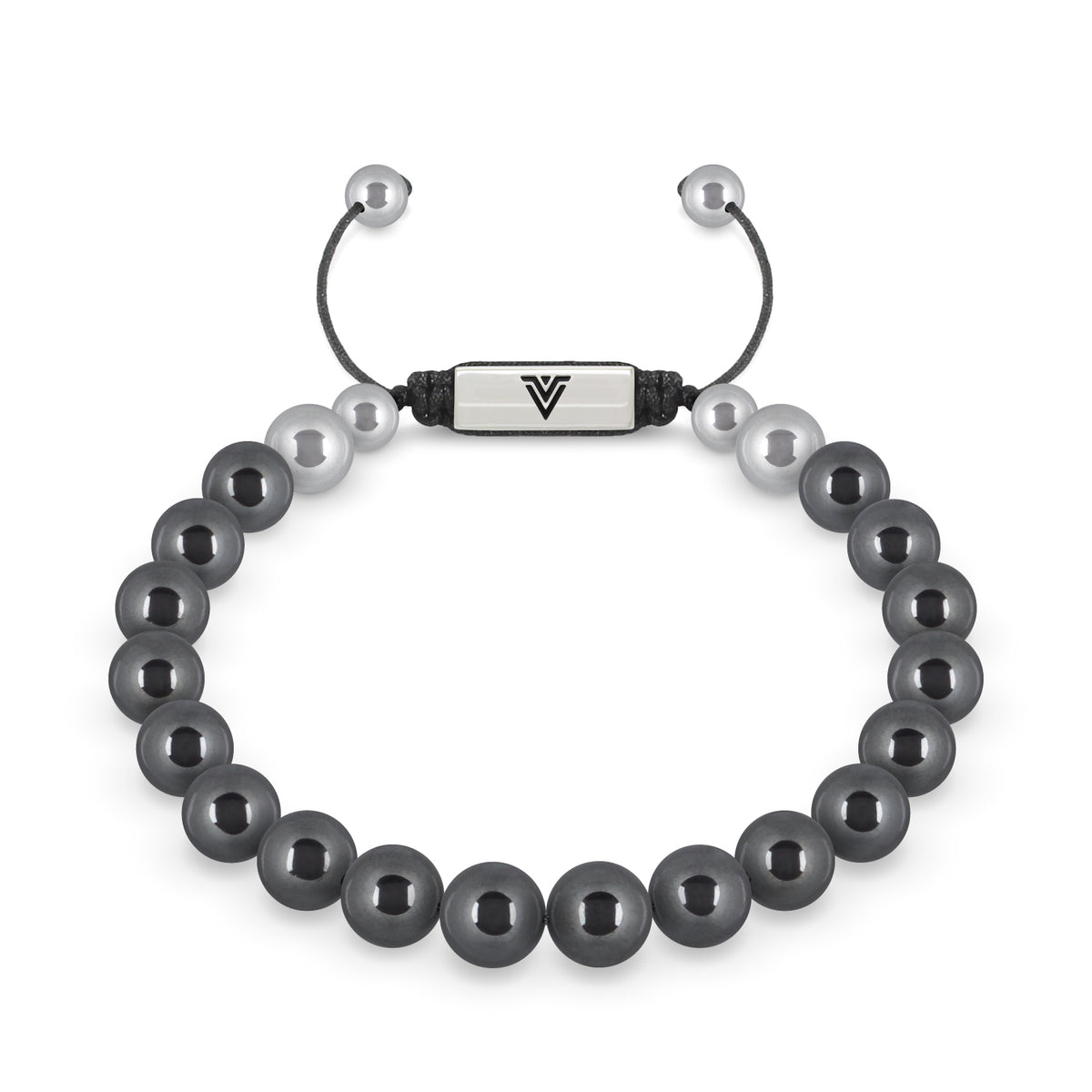 Front view of an 8mm Hematite beaded shamballa bracelet with silver stainless steel logo bead made by Voltlin