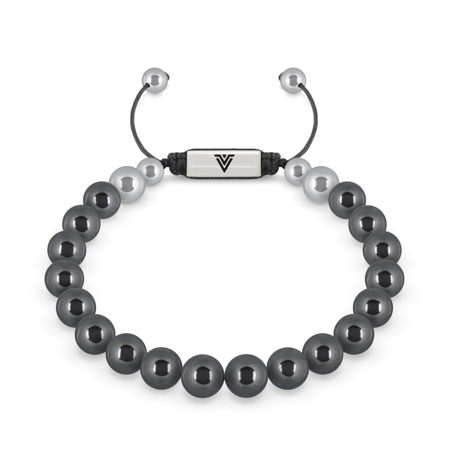 Front view of an 8mm Hematite beaded shamballa bracelet with silver stainless steel logo bead made by Voltlin