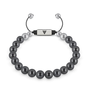 Front view of an 8mm Hematite beaded shamballa bracelet with silver stainless steel logo bead made by Voltlin
