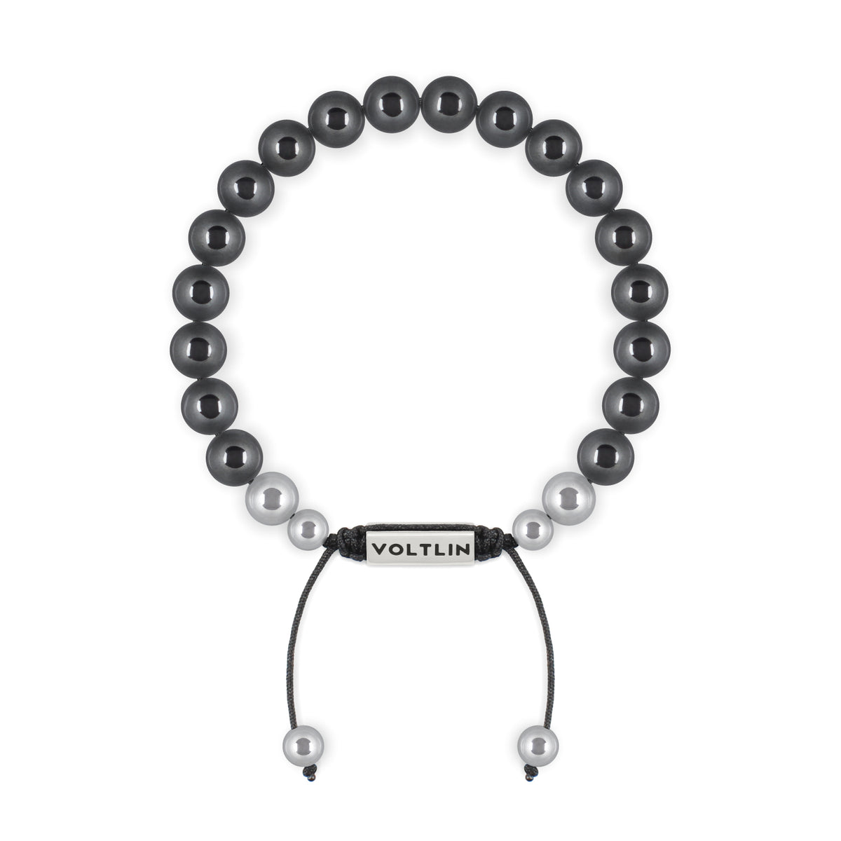 Top view of an 8mm Hematite beaded shamballa bracelet with silver stainless steel logo bead made by Voltlin