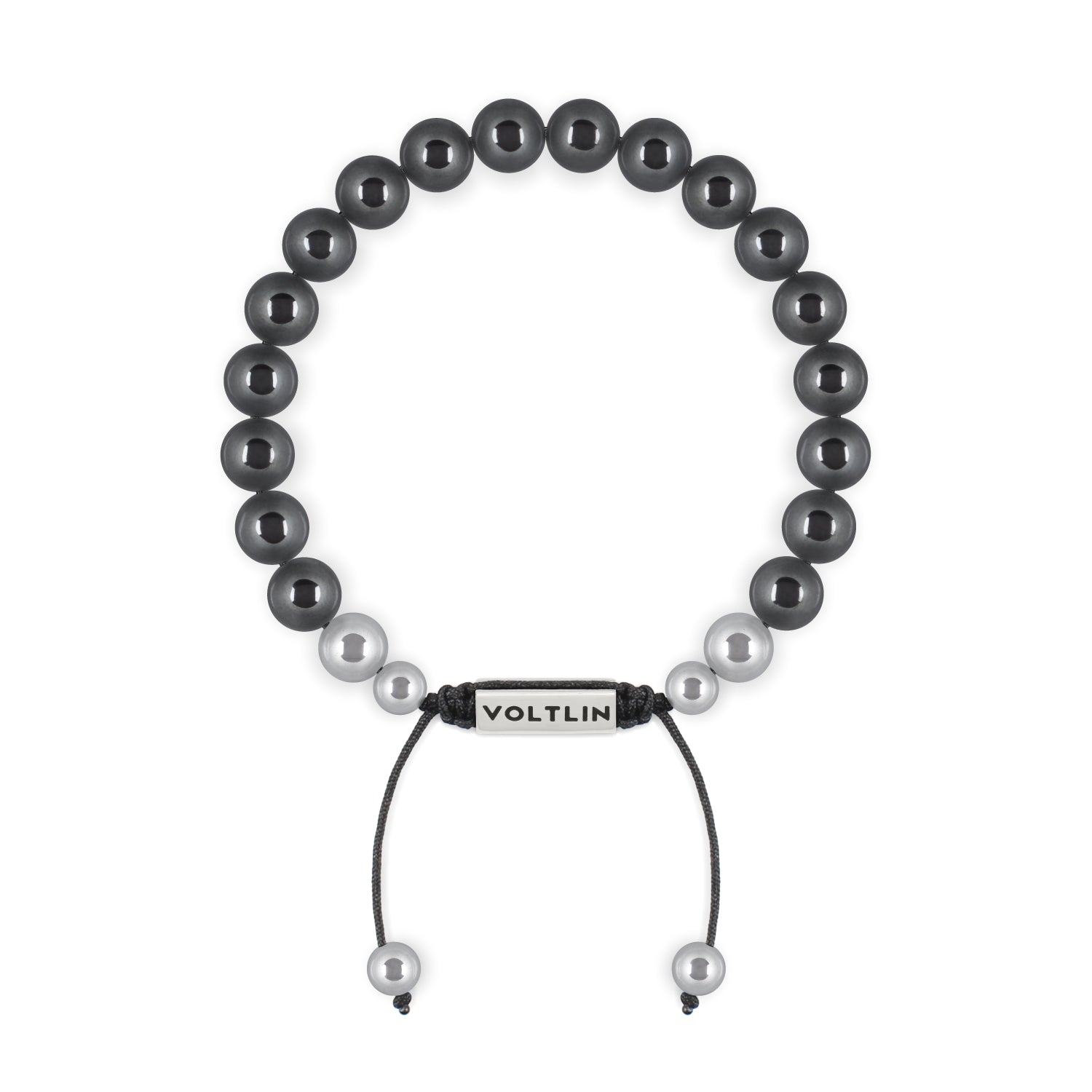 Top view of an 8mm Hematite beaded shamballa bracelet with silver stainless steel logo bead made by Voltlin