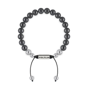 Top view of an 8mm Hematite beaded shamballa bracelet with silver stainless steel logo bead made by Voltlin