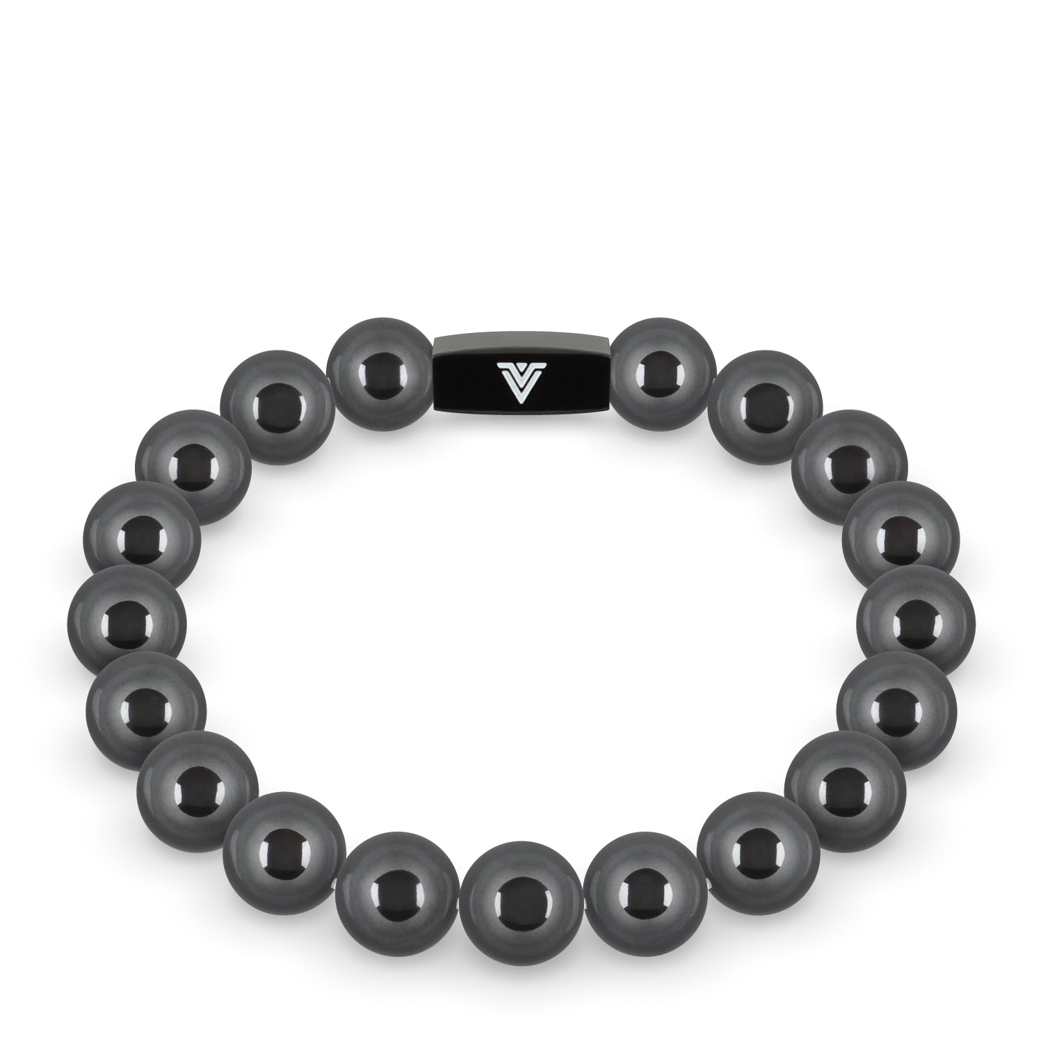 Front view of a 10mm Hematite crystal beaded stretch bracelet with black stainless steel logo bead made by Voltlin