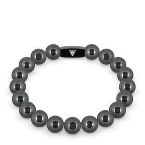 Front view of a 10mm Hematite crystal beaded stretch bracelet with black stainless steel logo bead made by Voltlin