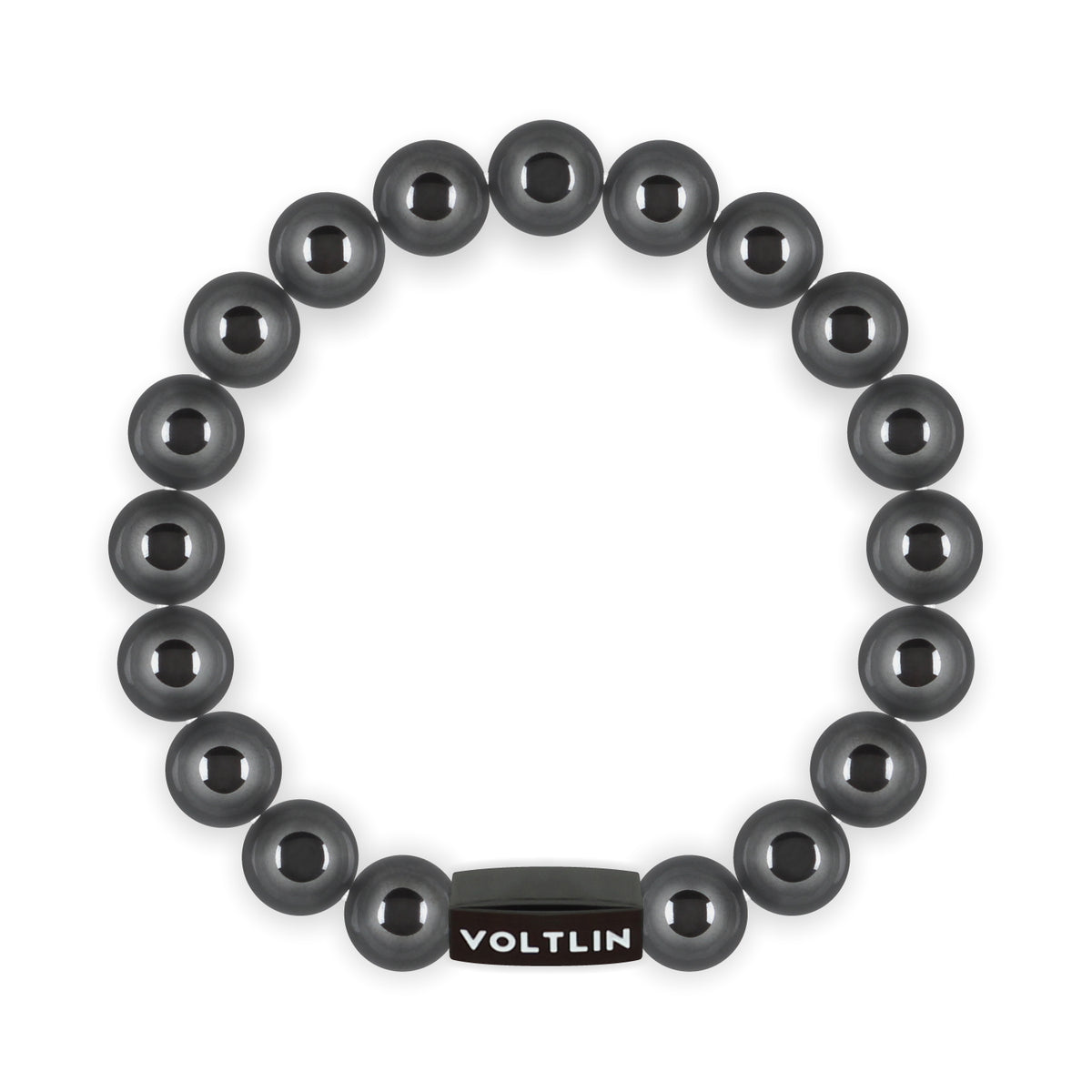 Top view of a 10mm Hematite crystal beaded stretch bracelet with black stainless steel logo bead made by Voltlin