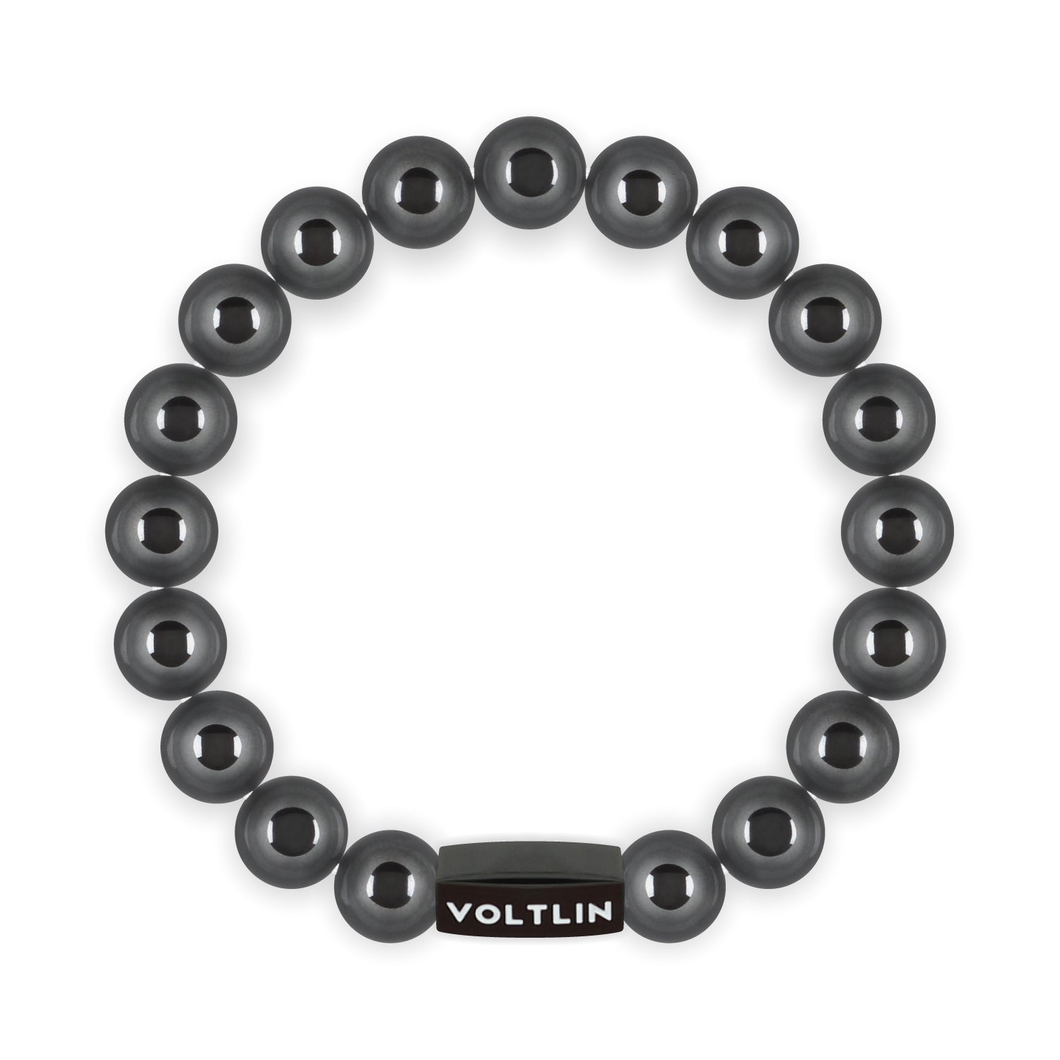 Top view of a 10mm Hematite crystal beaded stretch bracelet with black stainless steel logo bead made by Voltlin
