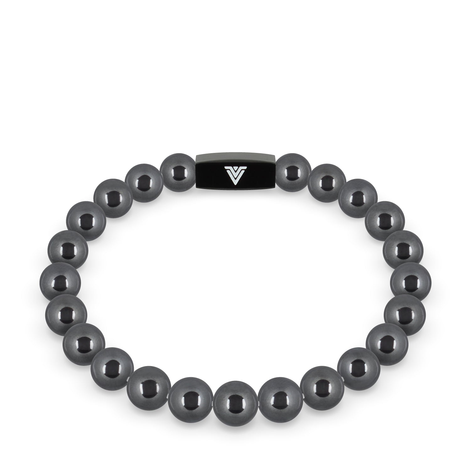 Front view of an 8mm Hematite crystal beaded stretch bracelet with black stainless steel logo bead made by Voltlin