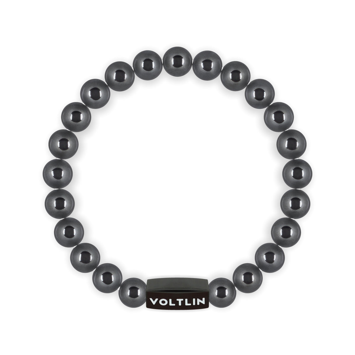 Top view of an 8mm Hematite crystal beaded stretch bracelet with black stainless steel logo bead made by Voltlin