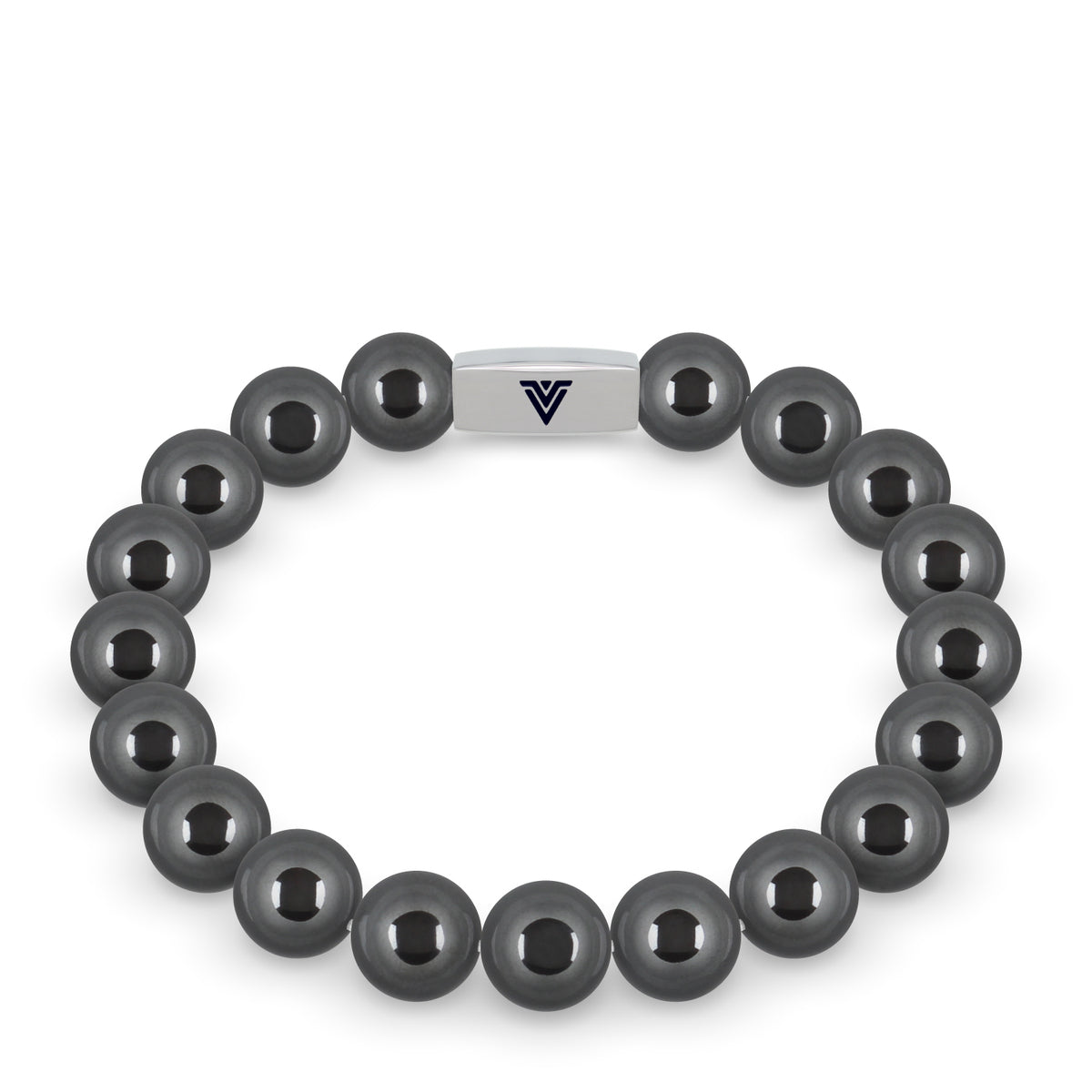 Front view of a 10mm Hematite beaded stretch bracelet with silver stainless steel logo bead made by Voltlin