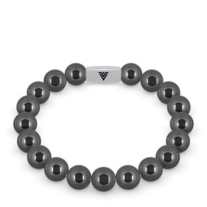 Front view of a 10mm Hematite beaded stretch bracelet with silver stainless steel logo bead made by Voltlin