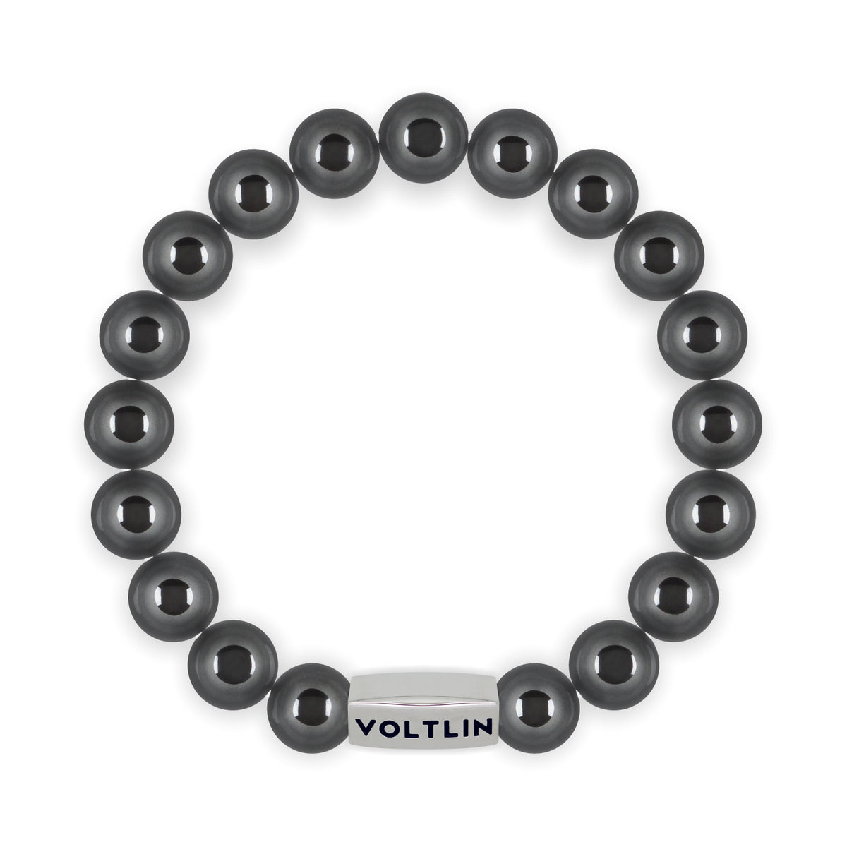 Top view of a 10mm Hematite beaded stretch bracelet with silver stainless steel logo bead made by Voltlin