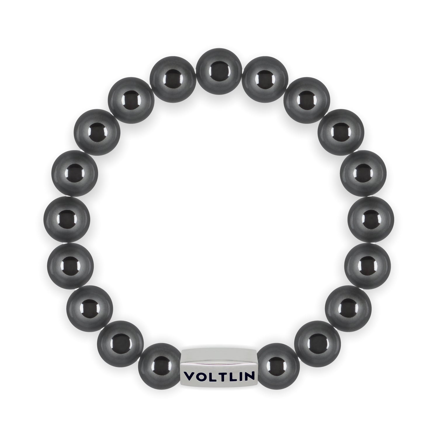 Top view of a 10mm Hematite beaded stretch bracelet with silver stainless steel logo bead made by Voltlin