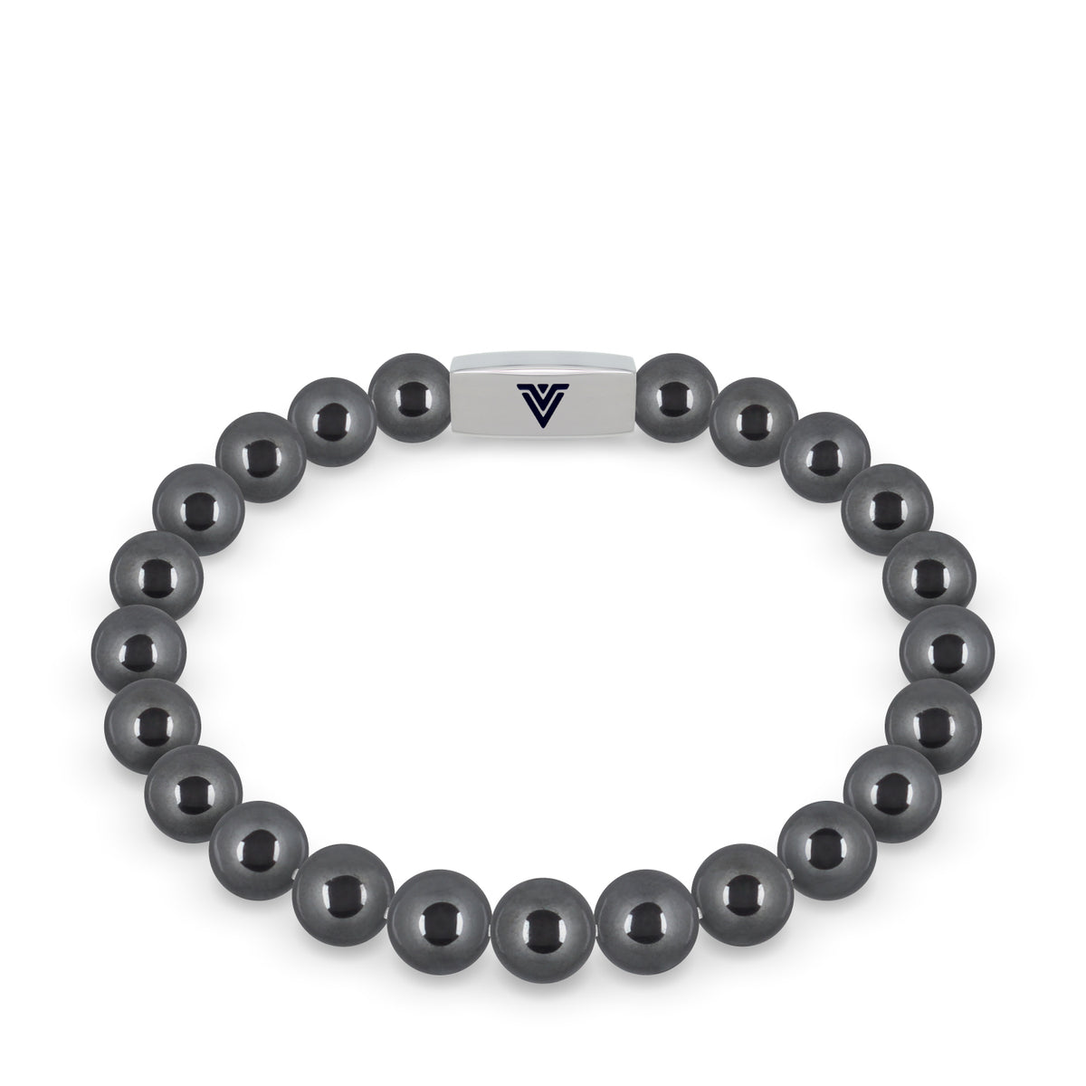 Front view of an 8mm Hematite beaded stretch bracelet with silver stainless steel logo bead made by Voltlin