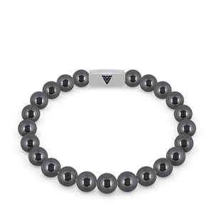 Front view of an 8mm Hematite beaded stretch bracelet with silver stainless steel logo bead made by Voltlin
