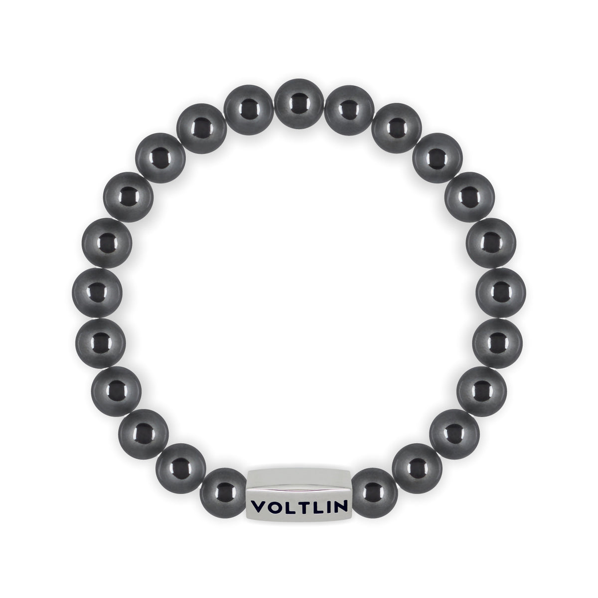 Top view of an 8mm Hematite beaded stretch bracelet with silver stainless steel logo bead made by Voltlin