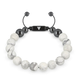 Front view of a 10mm Howlite crystal beaded shamballa bracelet with black stainless steel logo bead made by Voltlin