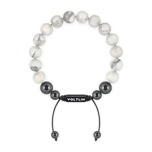 Top view of a 10mm Howlite crystal beaded shamballa bracelet with black stainless steel logo bead made by Voltlin