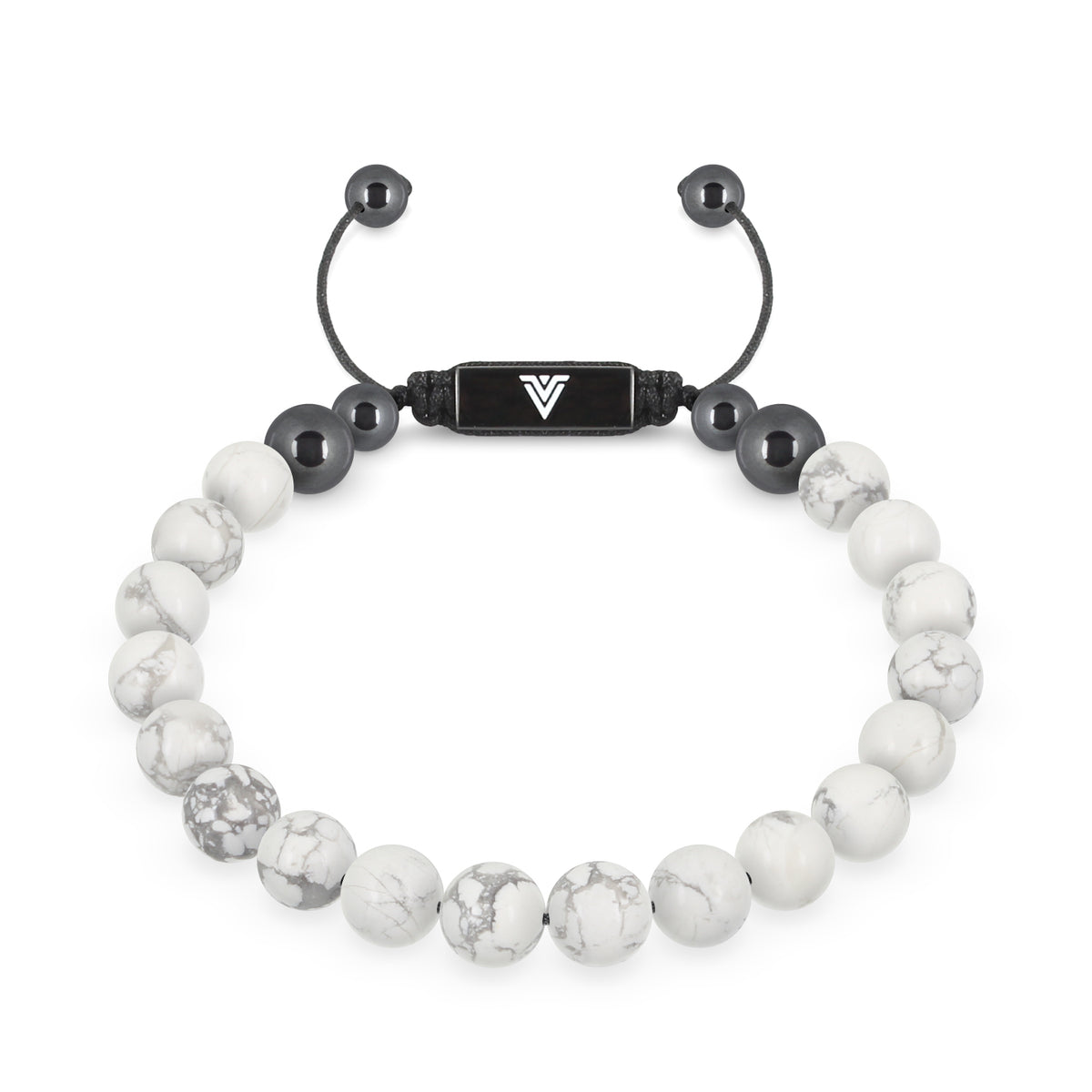 Front view of an 8mm Howlite crystal beaded shamballa bracelet with black stainless steel logo bead made by Voltlin