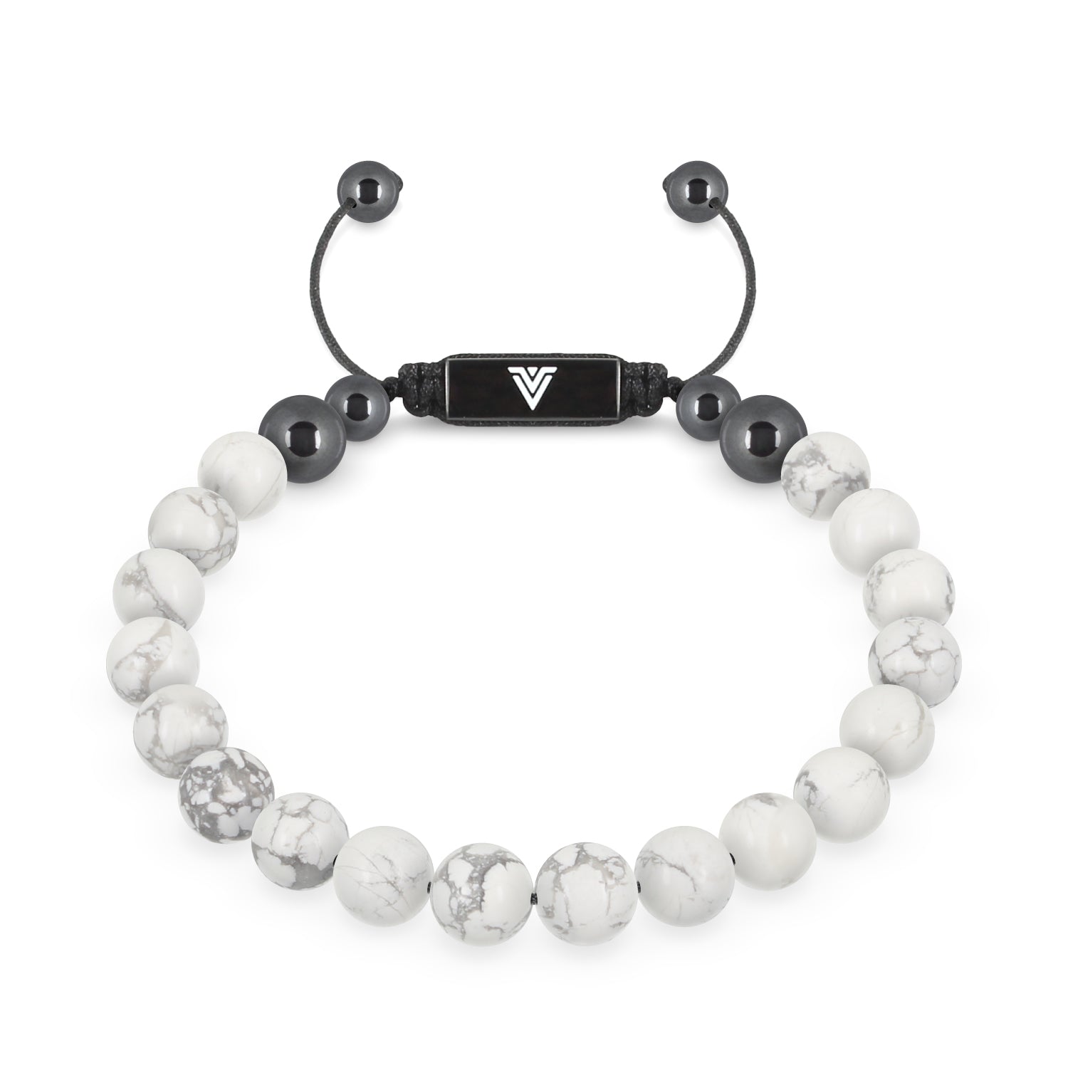 Front view of an 8mm Howlite crystal beaded shamballa bracelet with black stainless steel logo bead made by Voltlin
