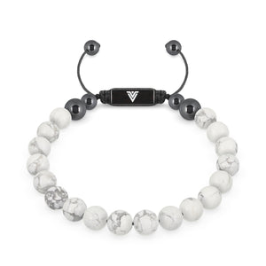 Front view of an 8mm Howlite crystal beaded shamballa bracelet with black stainless steel logo bead made by Voltlin