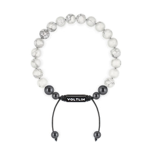 Top view of an 8mm Howlite crystal beaded shamballa bracelet with black stainless steel logo bead made by Voltlin
