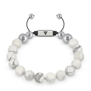 Front view of a 10mm Howlite beaded shamballa bracelet with silver stainless steel logo bead made by Voltlin