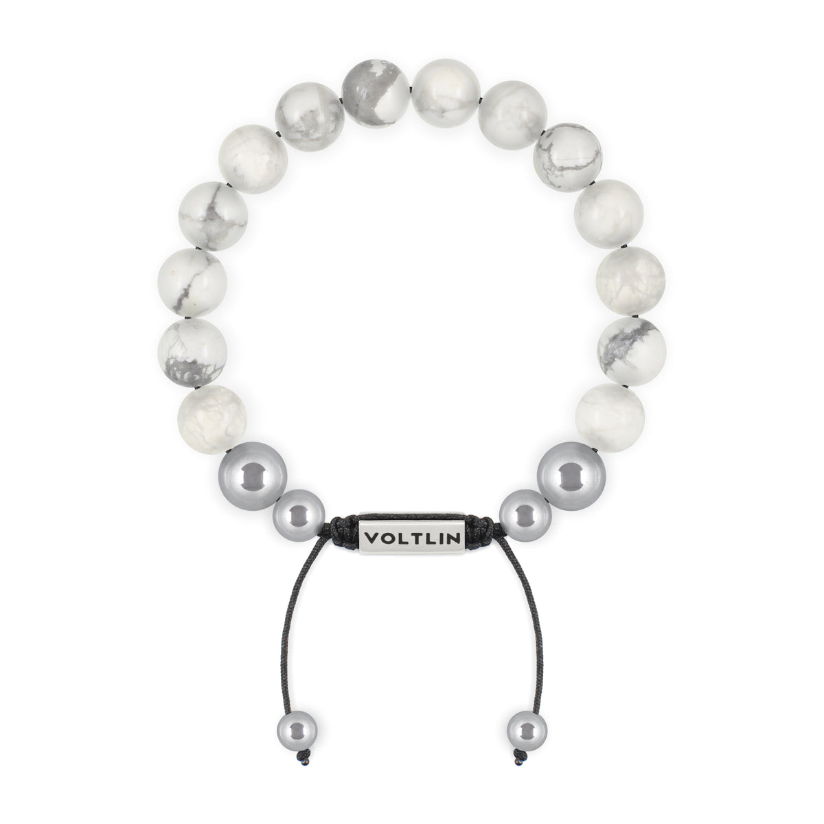 Top view of a 10mm Howlite beaded shamballa bracelet with silver stainless steel logo bead made by Voltlin