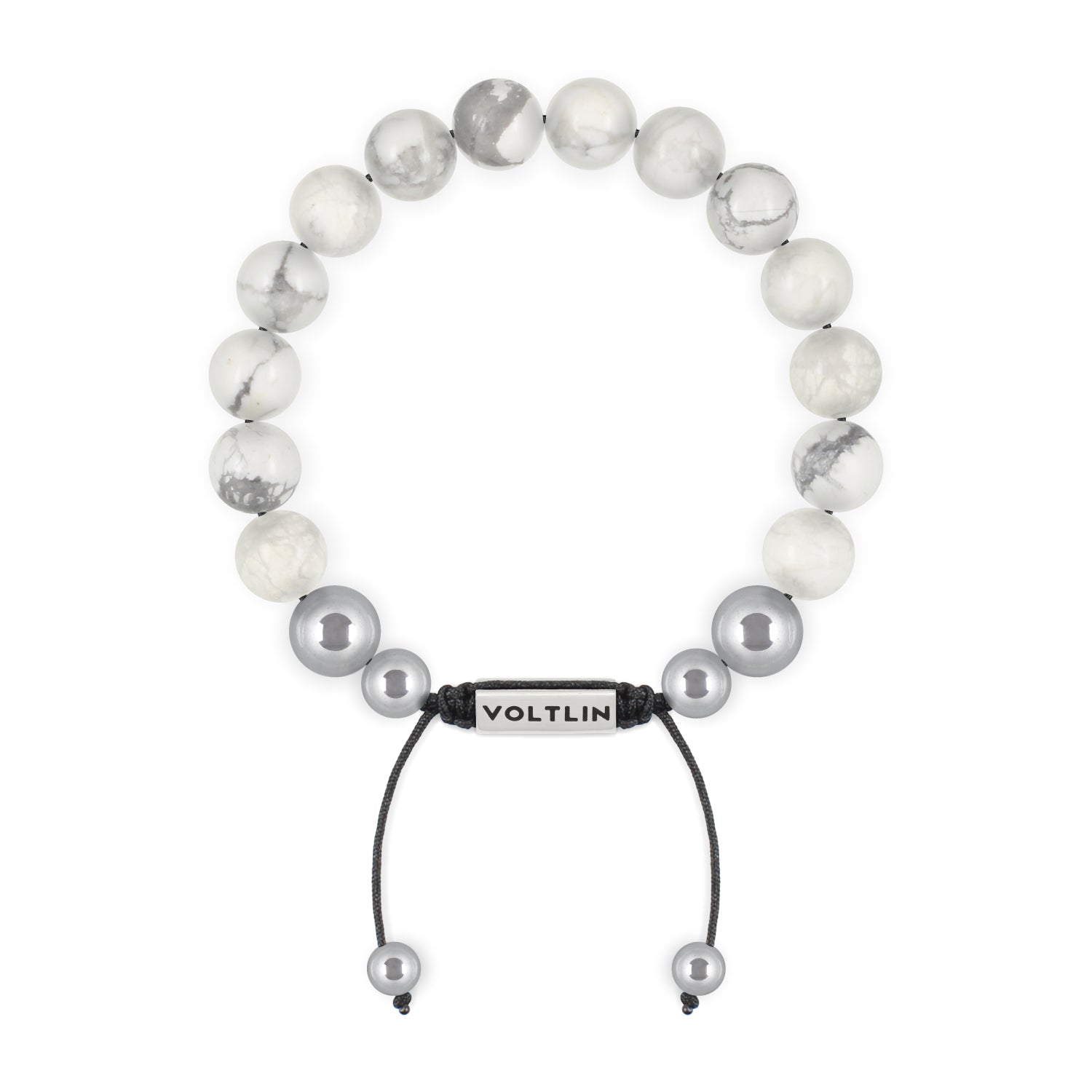 Top view of a 10mm Howlite beaded shamballa bracelet with silver stainless steel logo bead made by Voltlin